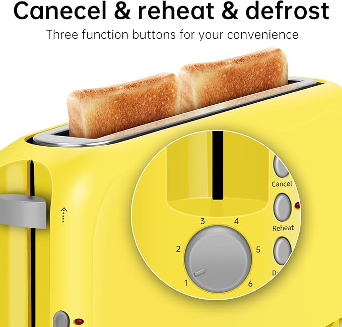 SEEDEEM 2 Slice Slim Toaster, 10" Long Slot, 6 Shade Settings, Yellow | Long Slot, 6 Shade Settings, Cancel/Reheat/Defrost, Removable Crumb Tray