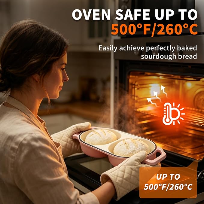 Double Enameled Cast Iron Dutch Oven for Sourdough Bread Baking – 2-in-1 Bread Baker with Lid, Dual Mini Loaf Pan, 500°F Oven Safe, Even Heating for Artisan Bread, Nonstick Enamel