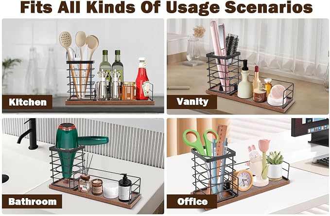 Hair Tool Organizer, Movable Hair Dryer Holder, Hair Styling Tools Storage for Vanity, Bath Counter Organizer, Bathroom Trays for Hair Toiletry, Makeup (12" x 3.7" x 5.8", Wood-Black)