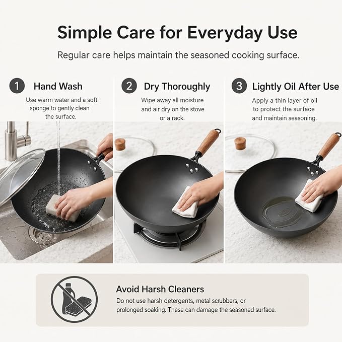 Carbon Steel Wok with Glass Lid, 12.6 Inch Flat Bottom Stir Fry Pan, Rolled Edge Spun Wok Pan, Coating-Free Wok for Induction, Gas & Electric Cooktops, 3–4 Servings
