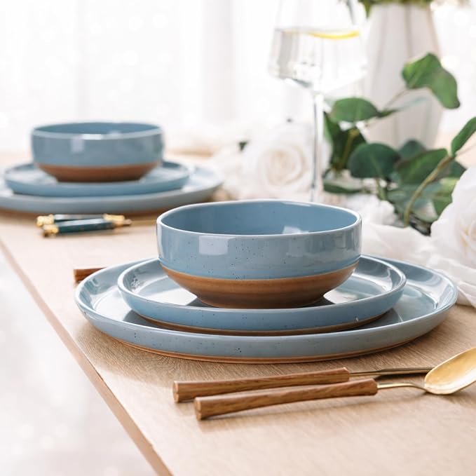 AmorArc Dinnerware Sets for 6, 18 Pieces Ceramic Plates and Bowls Set | Scratch Resistant Stoneware Dishes Set, Dishwasher & Microwave Safe, Stone Blue