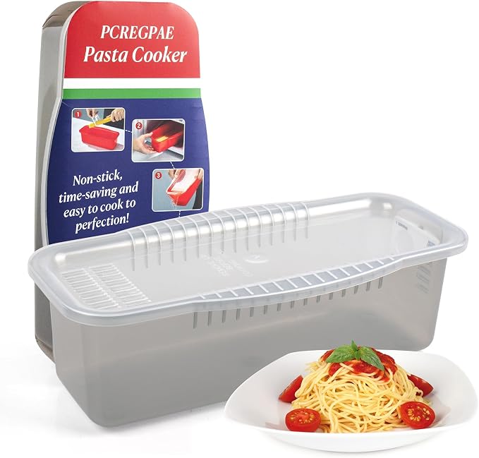 Microwave Pasta Cooker with Strainer Lid & Built-in Measuring Card | Quickly Cook 1-4 Servings-No Mess, Sticking or Waiting for Boil, Pasta Cooker in Microwave for Dorm, RV,Kitchen & Quick Meals