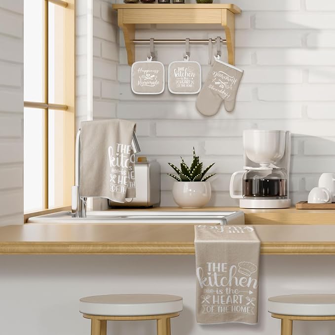 Sratte 6 Pcs Kitchen Decor Accessories Set, Kitchen, Beige | Farmhouse Kitchen Towels Pot Holders Oven Mitts Set 2 Dish Towels 2 Potholders 2 Cooking Mittens for Baking Cooking Supply