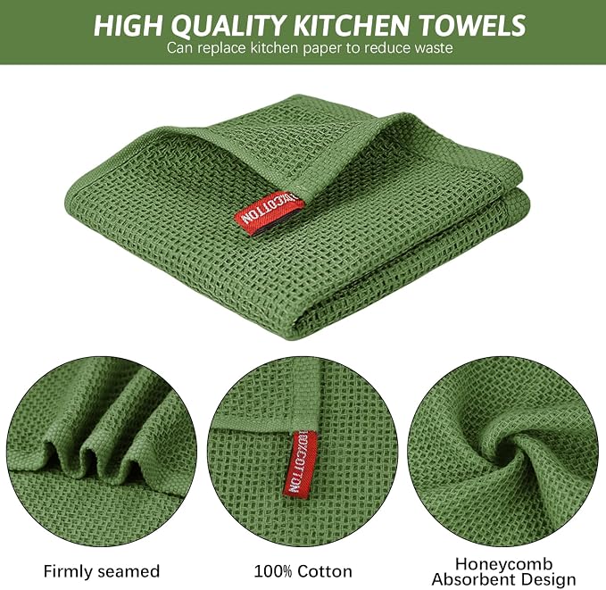 Nialnant 100% Cotton Dish Cloths for Washing Dishes, 4 Pack Waffle Weave Dish Towels,Super Soft Absorbent Cleaning Rags-Green,12x12 Inch