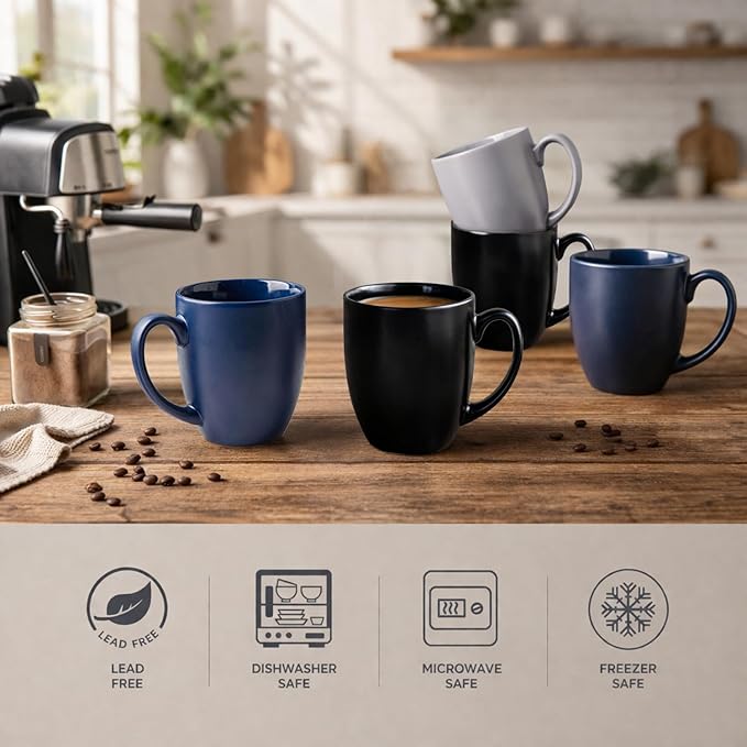 AmorArc 16 oz Coffee Mugs Set of 6, Large Ceramic Matte Black Coffee Cups | Classic Coffee Mugs Set for Men,Women,Tea/Latte/Cappuccino/Cocoa. Dishwasher&Microwave Safe