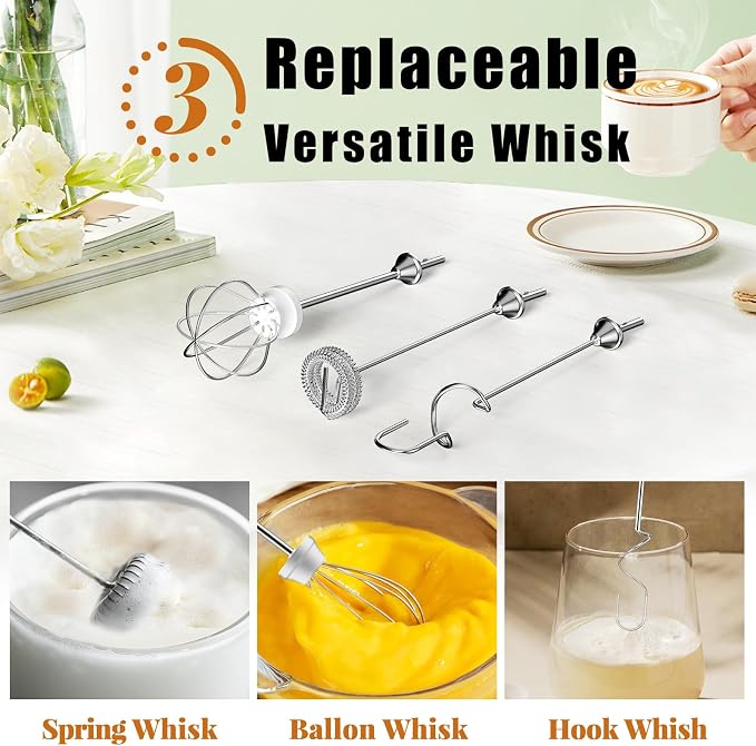 Nahida Turquoise Milk Frother Wand for Coffee, Frother Handheld Rechargeable Electric Whisk with 3 Heads 3 Speeds Drink Mixer Coffee Frother Foam Maker For Latte, Cappuccino, Hot Chocolate, Egg
