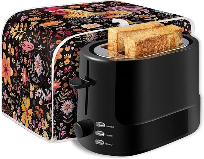 Toaster Cover, Foldable Two Slice Toaster Appliance Dust-proof Covers for Kitchen Small Appliance Dust Cover and Fingerprint Protection Home Decor, Rooster Floral Print