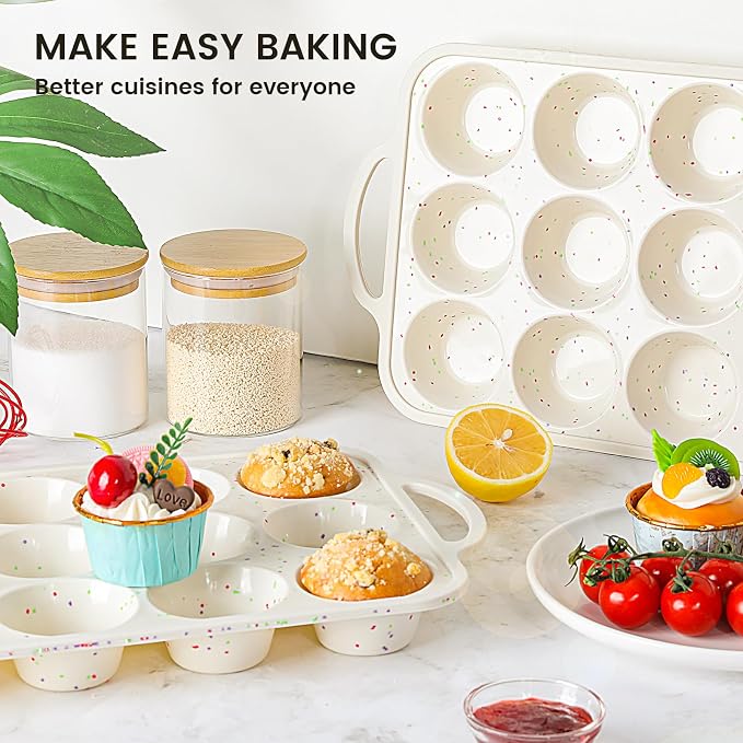 Vinino 1Pack Silicone Muffin Pan for Baking with Metal Reinforced Frame, 12 Cup Regular Size Cupcake Pan, BPA Free Silicone Muffin Tray, Cupcake Baking Pan Molds for Oven Dishwasher Safe - Cream
