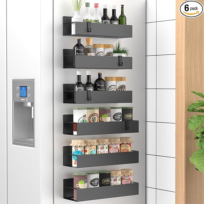 Metal Magnetic Spice Rack for Refrigerator Matt Black, 6 Pack | Magnetic Shelves Heavy Duty for Fridge in Kitchen, Seasoning Storage Organizer, For Oven Washer and Dryer, For Heavier Items