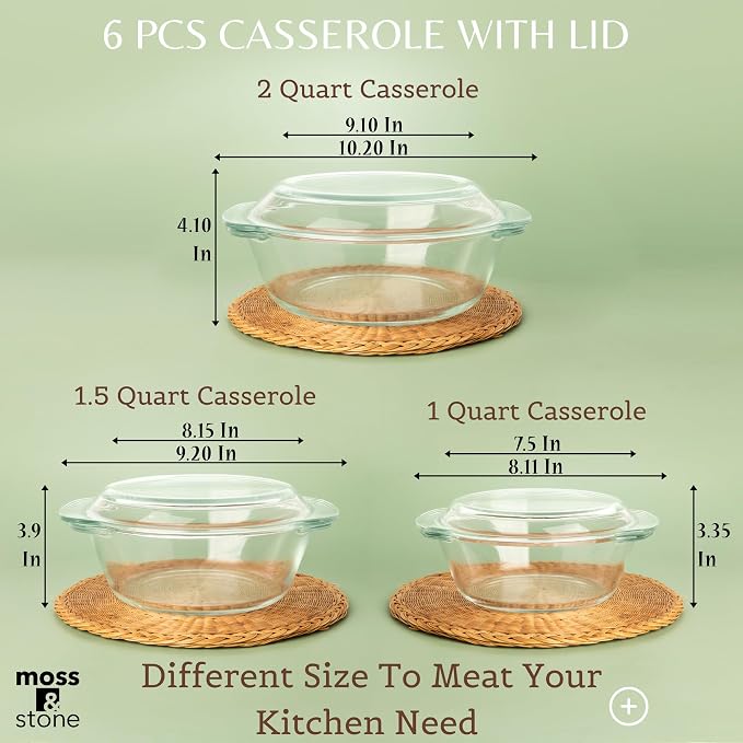 Moss & Stone Clear Glass Casserole Dish Set with Lids, Glass Baking Dishes | 6-Piece Tempered Borosilicate Glass Bakeware Set, 3 Round Baking Dishes for Oven, Microwave, Serving & Food Storage