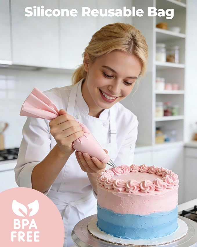 Kootek 124 Icing Piping Bags and Tips Set Frosting Cake Decorating Kit Pink | Baking Supplies Tools, 100 +1 Piping Bags 12", 16 Icing Piping Tips, Reusable Pastry Bag, 3 Scrapers, for Beginners & Pros