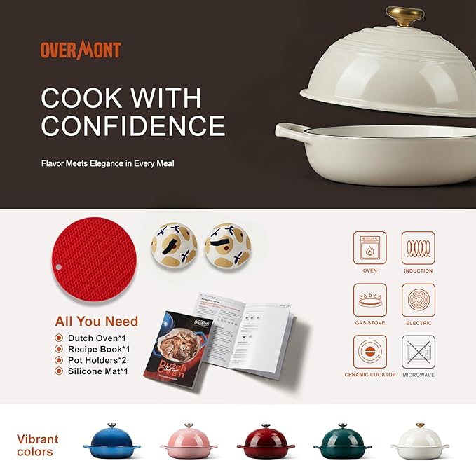 Overmont Enameled Cast Iron Dutch Oven, 6QT Bread Oven with Dome Lid Recipe | Tall Bread Pot with Potholders, for Sourdough Bread Baking Artisan Loaves, Crispy Crust & Better Oven Spring, 500°F Oven Safe