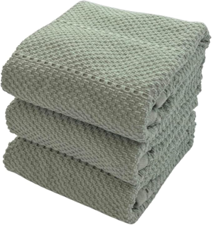 Sage Green Kitchen Hand Dish Towels, Set of 3, 100% Cotton, 18" x 28" | Terry Loop Textured, Soft & Absorbent Cleaning Cloth, Quick Dry, Multipurpose for Everyday Use