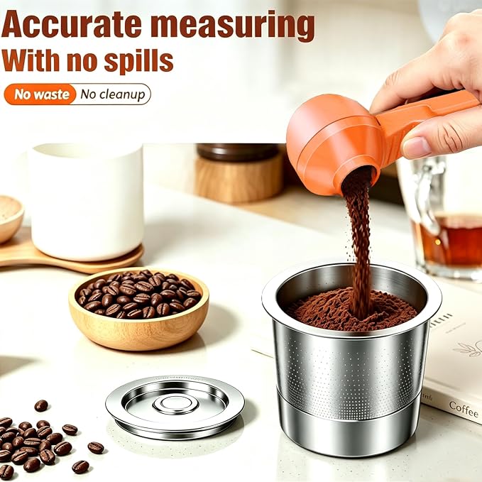 2-in-1 Coffee Scoop with Funnel, 2 Tbsp Measuring Spoon for Reusable K Cups, Ground Coffee, Protein Powder & Tea, Mess-Free Plastic Design（Orange-2pack）