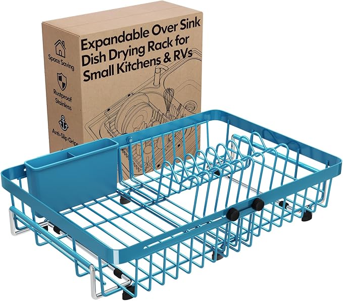Blue Dish Drying Rack Over The Sink with Utensil Holder | Expandable Stainless Steel Dish Drainer for Small Kitchen, Apartment, RV, Counter Space Saving, Perfect Fit, Rustproof