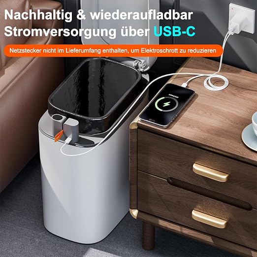 CTIME 3.5 Gallons Smart Automatic Sensor Rechargeable Trash Can with Lid | Non-contact automatic sensing, automatic bagging, pet-proof, slim and waterproof,for bathrooms, offices, kitchens, bedrooms.