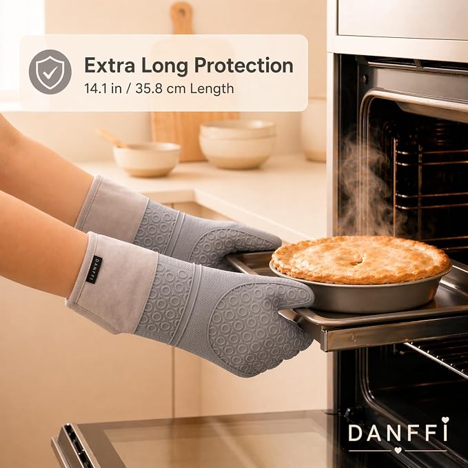 Silicone Oven Mitts and Pot Holders 6 Piece Set, Heat Resistant 500°F Extra Long Oven Gloves with Cotton Lining, Non-Slip BPA-Free Hot Pads and Pinch Mitts for Baking BBQ Cooking (Gray)