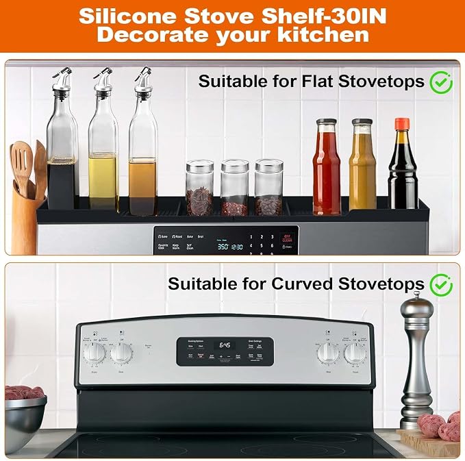 AWOKE Stove Top Shelf 30 Inch - Silicone Material Magnetic Shelf for Stove - 3 Functional Partitions Kitchen Spice Rack Organizer-Black,Kitchen Gadgets Storage Organization
