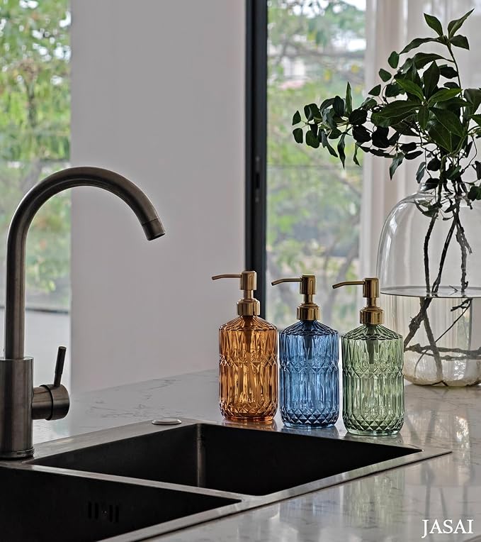 JASAI 18Oz Amber Glass Soap Dispenser with Gold RustProof Pump for Bathroom | Refillable Dish soap Dispenser for Kitchen Sink, Soap Dispenser Bathroom for Hand soap, Lotion, Dish Soap.