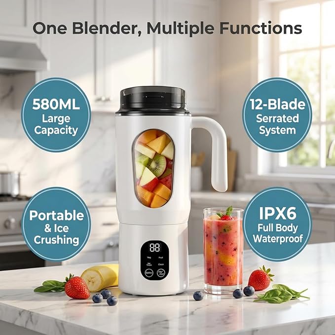 Lilogi 580ML Portable Blender with LED Display, 12-Blade USB-C Rechargeable Travel Blender with Handle & Extra Lid, Ideal for Kitchen, Office, Gym & Outdoor Sports