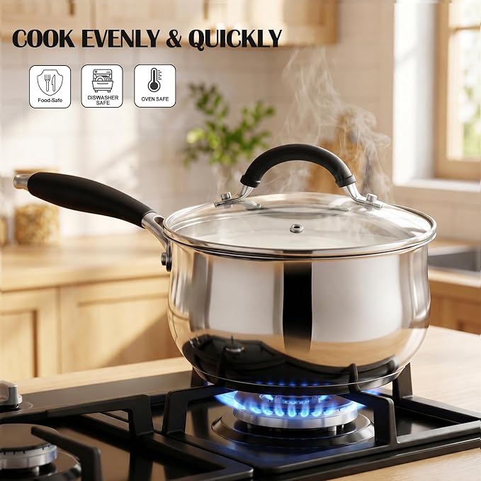 E-far 3 Quart Saucepan, Tri-Ply Base Stainless Steel Sauce Pot with Lid | Small Milk Sauce Pan with Silicone Handle for Home Kitchen Cooking, Compatible with All Cooktops, Non-toxic, Dishwasher Safe