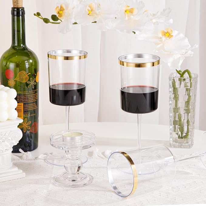 Ciaell 12 Pack Gold Plastic Wine Glasses for Weddings Outdoor Gatherings | 14 oz Gold Square Stemmed Cups, Heavy Duty Plastic, Wine Champagne Margaritas Whiskey for Parties Anniversaries Dinners
