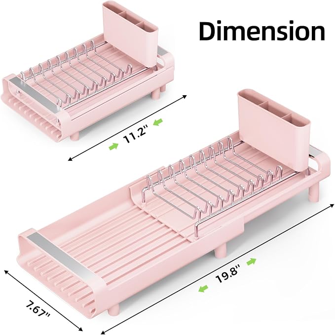 TOOLF Small Dish Drying Rack, Expandable and Space-Saving, Pink | Mini Dish racks for kitchen counter, Compact Design Fits Sink or Counter, Stainless Steel Plate Rack, 11"-19.3"L×7.7"W×3.54"H