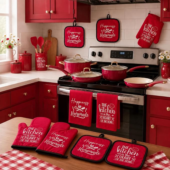 Sratte 6 Pcs Kitchen Decor Accessories Set, Kitchen, Red | Farmhouse Kitchen Towels Pot Holders Oven Mitts Set 2 Dish Towels 2 Potholders 2 Cooking Mittens for Baking Cooking Supply
