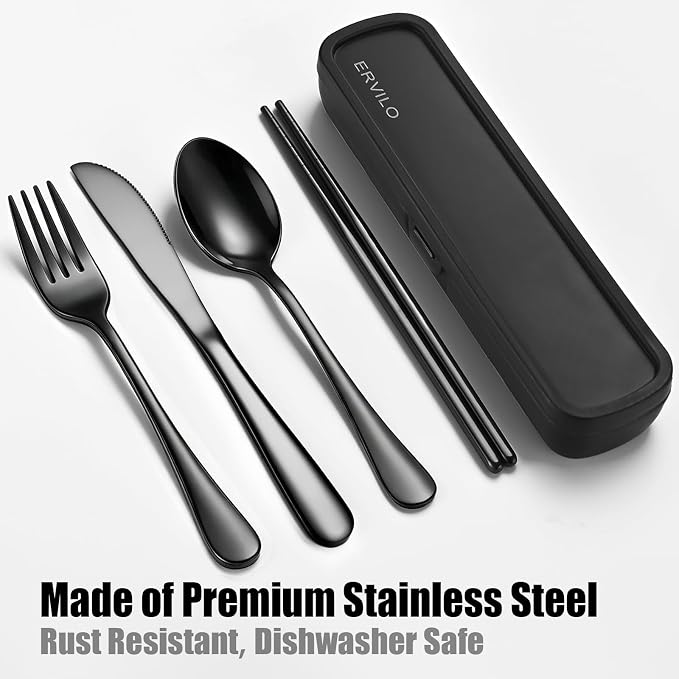 Travel Utensils with Case, Stainless Steel Portable Cutlery Set for Camping Picnic, Lunch Box Silverware for Work, Reinforced Case with Snap-Lock Closure, Include Fork Spoon Knife Chopsticks, Black