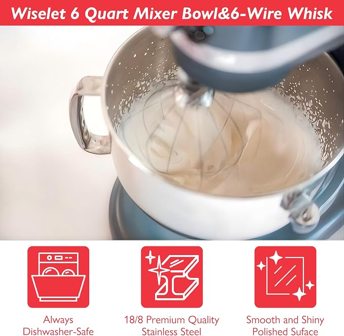 6Qt Stainless Steel Mixer Bowl & KN256 Whisk for Kitchenaid Bowl Lift Mixer | 18/8 Stainless Steel, Heavy Duty, Dishwasher Safe, Mixing Bowl and Whisk Attachment for Kitchenaid KP26, KL26, KT26