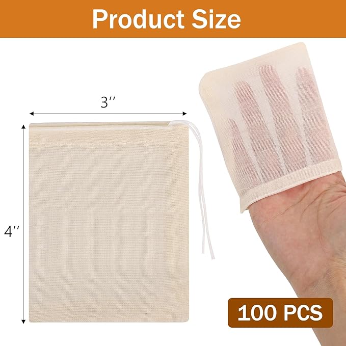100Pcs Muslin Bags with Drawstring, 3x4 Inch Reusable Empty Tea Bags, Spice Herb Sachet Bag for Cooking Soups, Natural Cotton Unbleached Cheese Cloth Bag for Straining