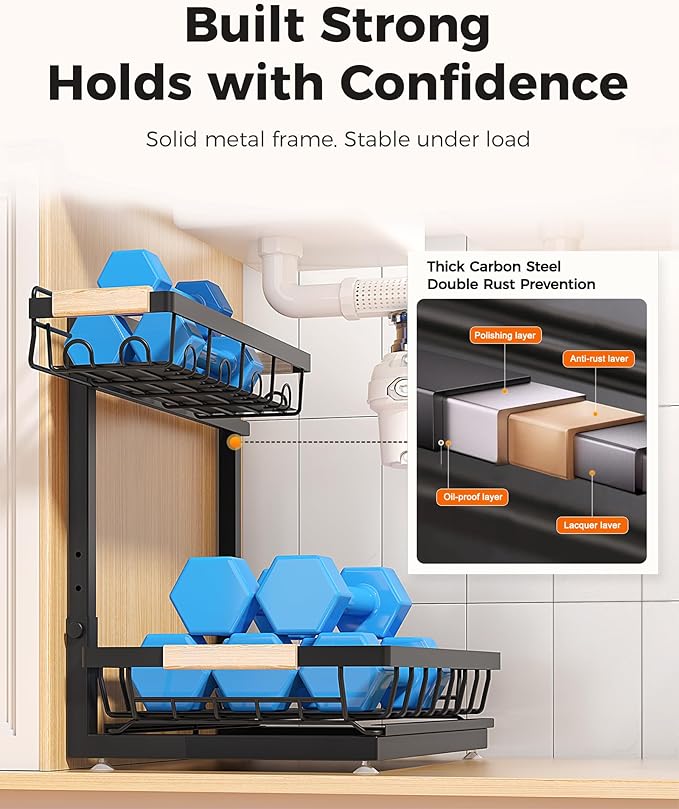 3-Pack 2-Tier Height Adjustable Under Sink Organizer, Black | Multi-purpose metal storage shelf with sliding shelves for kitchen, bathroom, pantry & laundry cabinet