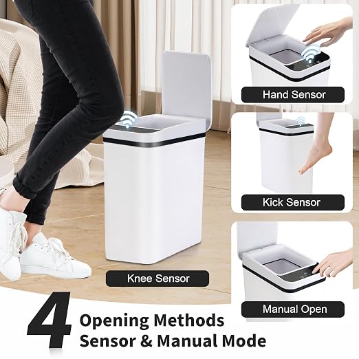 2 Pack Bathroom Trash Can with Lid, 2.5 Gallon Small Slim Trashcan, Automatic Trash Can Touchless, Motion Sensor Waterproof Plastic Trash Bin for Bedroom Kitchen Office Living Room (White)