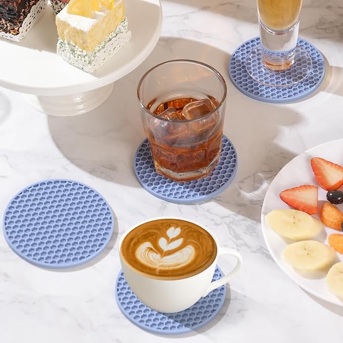 TWTLi Silicone Coasters Set of 8 with Holder — Non-Slip Drink Coasters for Coffee Table, Home Bar & Kitchen, Protects Wood & Marble Surfaces from Water Rings, Dishwasher Safe (Blue)