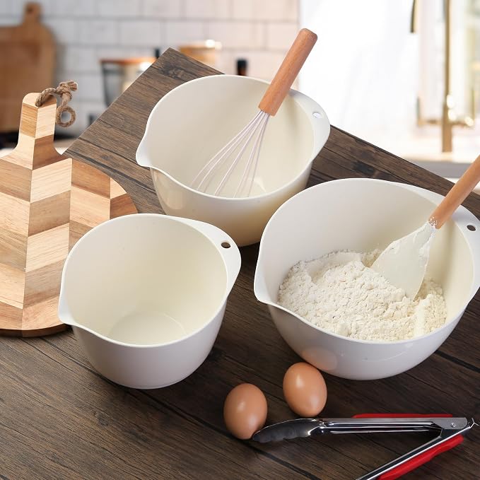 3 Small Plastic Mixing Bowls with Pour Spout,Lids and TPR Non-Slip Bottom,Nesting Batter Bowl Set for Kitchen Prep,Baking,Storage,BPA Free,Easy to Grip,1.5Qt,2Qt,3Qt,White