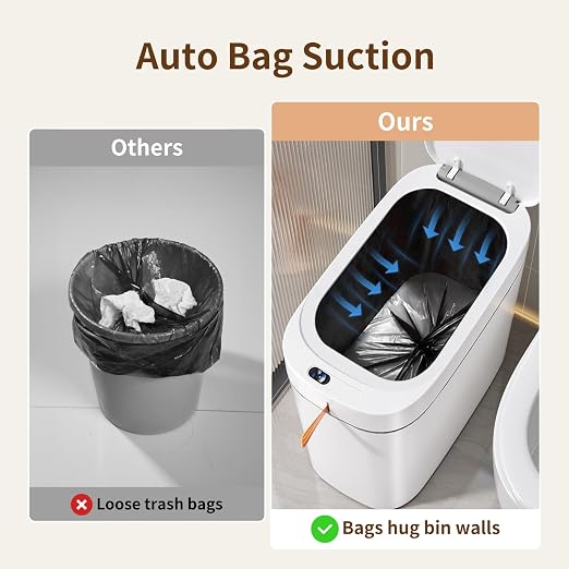 Motion Sensor Bathroom Trash Can, 3.5 Gallon Slim Touchless Automatic Garbage Bin with Lid, Rechargeable Design with Auto Bag Adsorption and One Pull Sealing for Kitchen, Bedroom, Office, Living Room