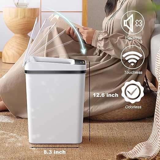 2 PACK - Slim Touchless Bathroom Trash Can - Smart Trash Can Motion Sensor | 2.5 Gallon Skinny Trash Bin with Lid - Electric, Narrow, Plastic, Auto Open - Small Automatic Garbage Can ( White )