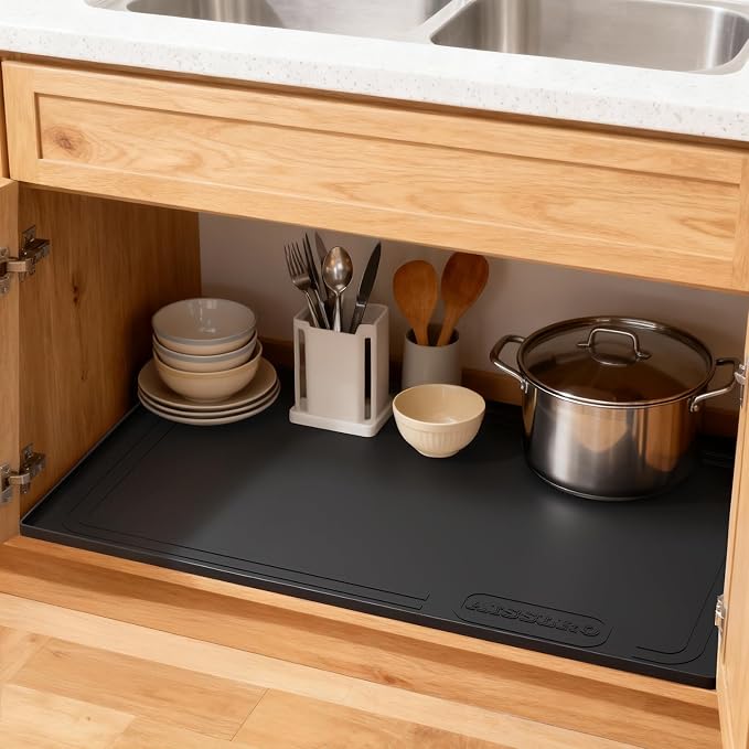 Under Sink Mat 28 X 19, Waterproof Silicone Cabinet Kitchen Liner, Black | BPA-Free Raised-Edge Cabinet Protector & Leak Tray for Bathroom Cabinets, Boots, Pet Feeding Dog & Cat Mats, Dishwasher Safe