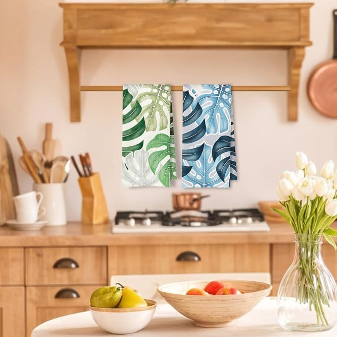 Boho Tropical Kitchen Towels Set of 2, Palm Leaf Botanical Dish Tea Towels for Kitchen Decor, Blue and Green Monstera Leaf Decorative Hand Towels for Bathroom Decor, 16x24 Inches