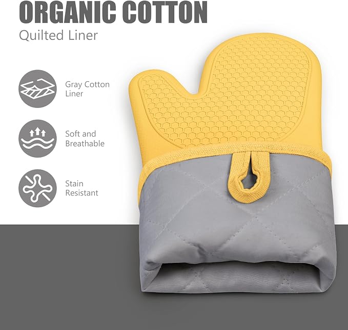RORECAY Silicone Oven Mitts and Pot Holders Sets, Kitchen Gloves, Yellow | Set of 6 Kitchen Mitts for Baking & Cooking, Heat Resistant 500 ℉, 12.7" Extra Long, Non-Slip & Waterproof, Quilted Cotton