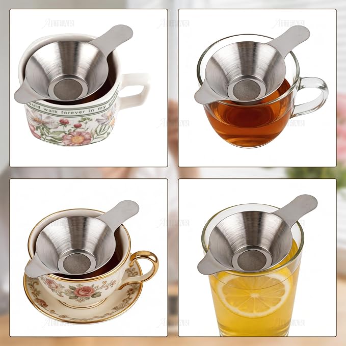 AUEAR, 4 Pack Stainless Steel Tea Strainer Fine Mesh Infuser Funnel Different Size Leaf Filter with Double Handles for Coffee Flour Sugar