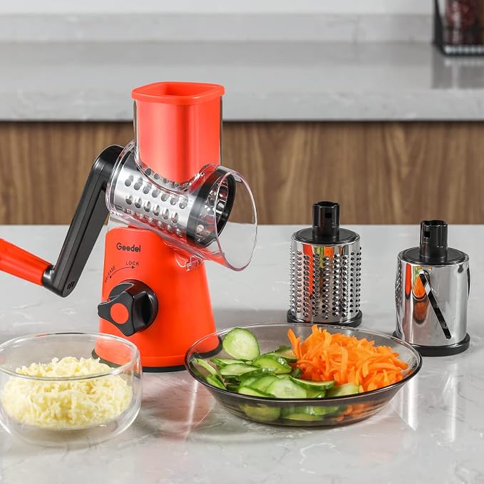 Geedel Rotary Cheese Grater, Kitchen Mandoline Vegetable Slicer with 3 Interchangeable Blades, Easy to Clean Rotary Grater Slicer for Fruit, Vegetables, Nuts | 3 Blades, 430 Stainless Steel, 12x Fast Cutting, Strong Suction Base, No BPA, Dishwasher Saf...