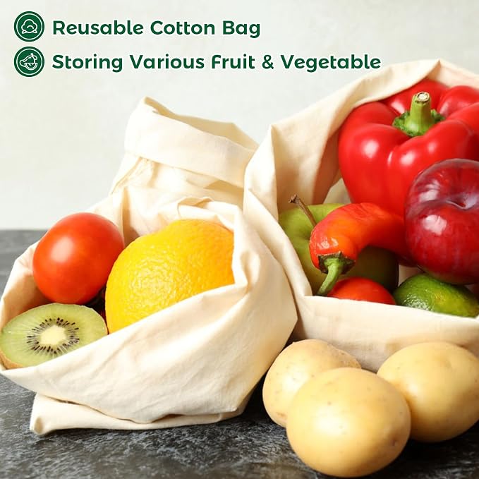 Cotton Storage Bags With Drawstrings - Rainflow 3 Pack 15x17 Inch Reusable Produce Bags Cotton Produce Bags Washable Muslin Storage Bags for Fruit Onion Storage Clothes Shopping Home Supplies | Washable Muslin Organizers for Fruit, Onion, Clothes, Groc...