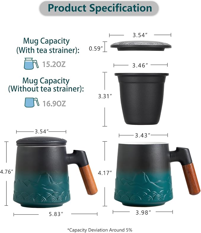 ZENS Tea Mug with Infuser and Lid for Loose Tea Steeper, 16.9oz Green | Embossed Ceramic Tea Cup with Infuser for Herbal Tea Difussers, Tea Lovers Gifts, Nature Wood Handle
