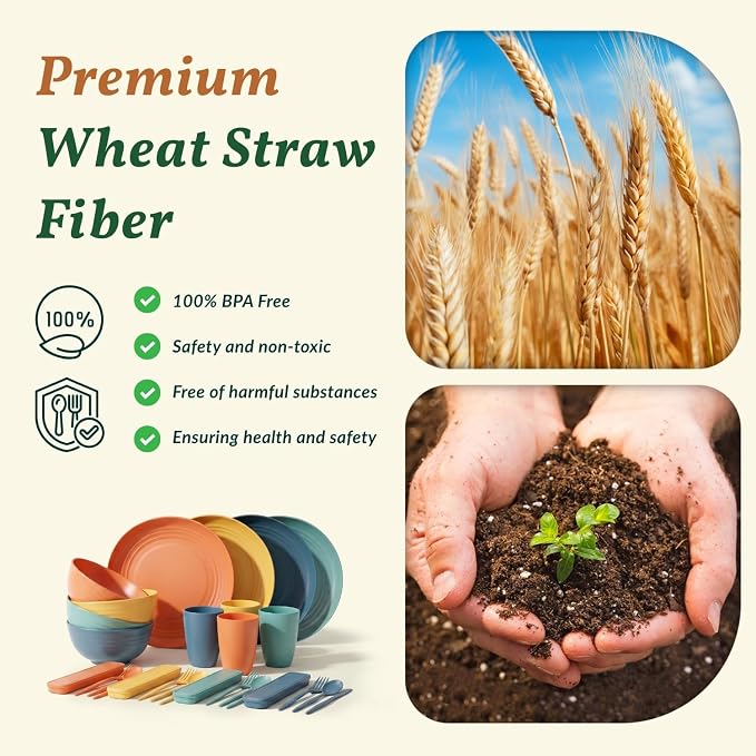 Wheat Straw Dinnerware Sets 28 PCS Lightweight Plates and Bowls Sets Unbreakable Microwave & Dishwasher Safe Dish Set with Utensils Reusable Dishes Set for Kitchen, Camping, RV, Party (Multi)