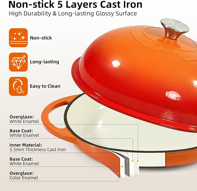 Davivy 11" x 8.7" Oval Bread Oven with Domed Lid, Enameled Oval Dutch Oven Pot for Sourdough Bread Baking 6QT, Non-stick Cast Iron Sourdough Pan Bread Cloche with Lid - Flame Orange