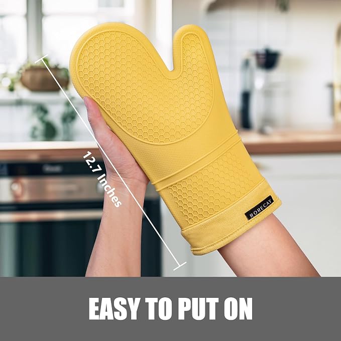 RORECAY Silicone Oven Mitts and Pot Holders Sets, Kitchen Gloves, Yellow | Set of 6 Kitchen Mitts for Baking & Cooking, Heat Resistant 500 ℉, 12.7" Extra Long, Non-Slip & Waterproof, Quilted Cotton