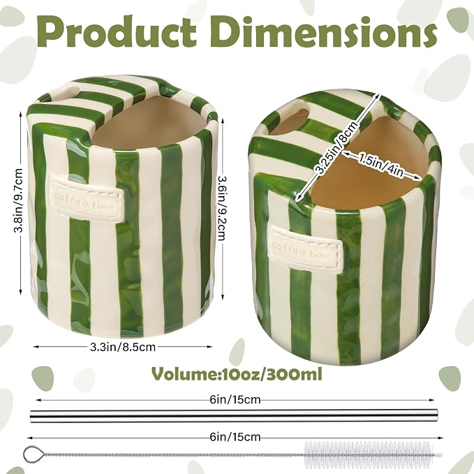 1 Pack Ceramic Mug with Sip Hole, Simple, Green | 10oz Ceramic Coffee Cup with Straws, Retro Hand Painted Striped, for Iced Coffee Tea Latte Espresso, Kitchen Dining Travel