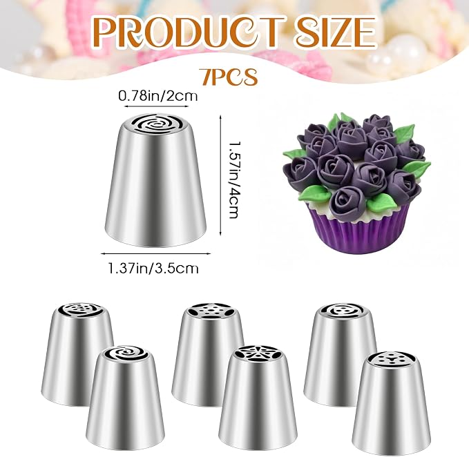 7 Pcs Piping Tips Round Hole Cake Frosting Nozzles Set Stainless Steel Cupcake Decorating Tool Russian Pastry Icing Dispensers for Baking Cookies Puff Cream Bag Filler (Russian medium)