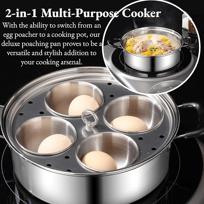 Egg Poacher Pan, Poached Egg Pan Stainless Steel Egg Pan with 4 Cups Egg Cooker Poached Egg Maker for Kitchen (without coating)